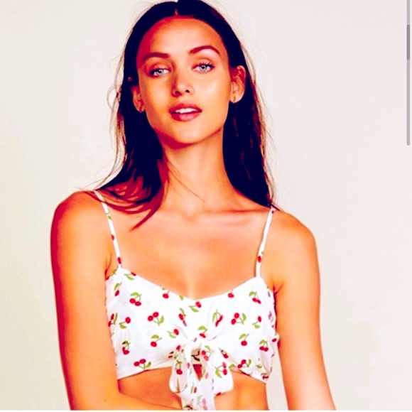 For Love & Lemons crop top Cherry print Bralette balletcore Cottagecore white - Picture 2 of 11